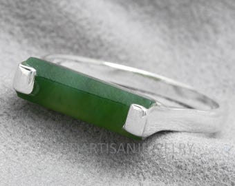 Raw Green Jade Bar Ring, Thin Bar Ring, 925 Sterling Silver, Statement Jewelry, Natural Jade Ring, March Birthstone Jewelry, Gift For Her
