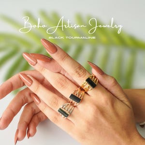 Raw Black Tourmaline, Spiral Ring, Stackable Ring, 925 Sterling Silver, Healing Crystal, October Birthstone, Bridesmaid Gifts