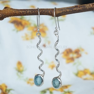 Raw Aquamarine Dangle Earrings: Twisted Sterling Silver, March Birthstone