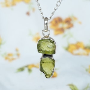 Raw Peridot Pendant: Two Stone Sterling Silver Boho Necklace