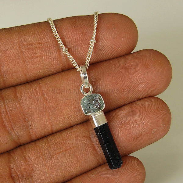 Raw Aquamarine With Black Tourmaline Stick Pendant, Handmade Jewelry, Two Stone Pendant, 925 Sterling Silver Jewelry, Gift For Her