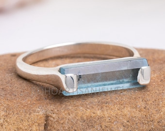Aquamarine Bar Ring, Sterling Silver Ring, Stackable Jewelry, Dainty Ring, Raw Gemstone Ring, March Birthstone Jewelry, Gift for her