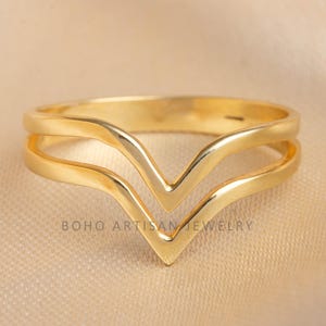Double Chevron Gold Ring, 14K Gold Plated Ring, Dainty Stacking Ring for Women, Minimalist Chevron Wedding Band Jewelry, Gift for Her