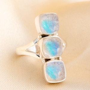 Raw Moonstone Ring: Sterling Silver Three Stone Boho Ring