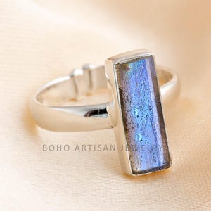 Raw Labradorite Bar Ring, Adjustable Ring, 925 Sterling Silver Ring, Handmade Jewelry, Statement Ring, Blue Gemstone Ring, Gift for Her