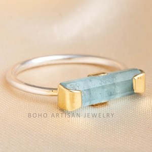 Raw Aquamarine Bar Ring, Dual Gold Plated Ring, Thin Bar Ring, Stackable Jewelry, Dainty Ring, Blue Gemstone, March Birthstone, Gift for her