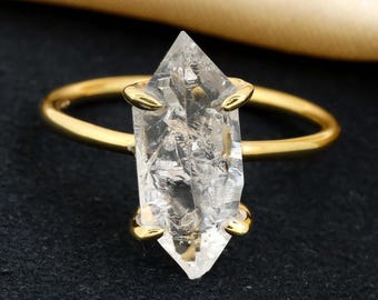 Raw Herkimer Uncut Diamond Gold Ring, Large Herkimer Crystal Silver Jewelry, Engagement Ring, April Birthstone, Gift For Her