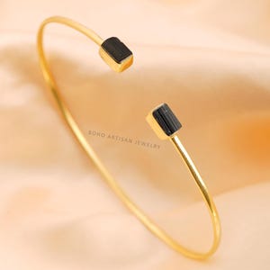 Raw Black Tourmaline Bar Bracelet, 14k Gold Tourmaline Bangle Bracelet, Protection Gemstone, Adjustable Bracelet, Christmas Gift