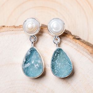 Raw Aquamarine Pearl Earring, Silver Handmade Stud Earring, Blue Gemstone Earring, Raw Stone Jewelry, July Birthstone, Christmas Gift
