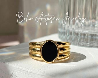 Black Onyx Gold Ring, Oval Signet Ring, Vintage Style Statement Ring for Women, Minimalist Boho Jewelry, Thick Band Ring, Gift for Men/Women