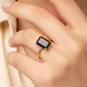Black Tourmaline Faceted Ring, Emerald Cut Baguette Stone, 14k Gold Statement Ring, Protection Crystal Jewelry, Handmade Ring, Gift for Her