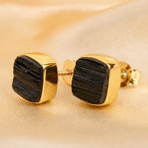 Raw Black Tourmaline Gold stud Earring, 14K Gold Earring, Handmade Jewelry, Protection Gemstone Earrings, October Birthstone, Christmas Gift