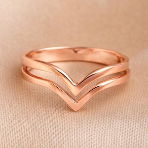Zierlicher Doppel Chevron Bandring, Rosegold Stapelring, Handgemachter 925er Silber Schmuck, Modernes minimalistisches V-Förmiges Design, Weihnachtsgeschenk