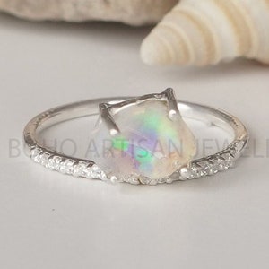 Natural Ethiopian Opal CZ Ring, Thin Band Ring, Stacking Ring, Silver Handmade Jewelry, Natural Raw Opal Ring, October Birthstone, Gift