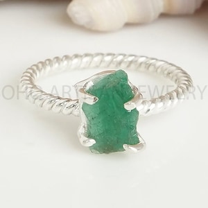 Raw Emerald Ring: Sterling Silver Twisted Band, Boho Jewelry