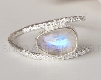 Moonstone Evil Eye CZ Ring, Raw Rose Cut Moonstone Ring, Natural Stone Ring, Blue Fire Moonstone Jewelry, Dainty Ring, June Birthstone Gift