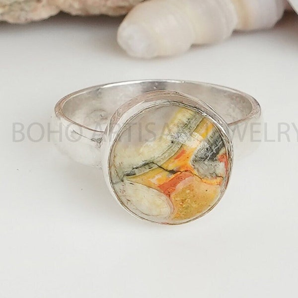 Bumble Bee Rounded Ring, Natural Bumble Bee Jasper Ring, Yellow Cabochon Ring, Handmade Jewelry, 925 Sterling Silver, Unique Gift For Women