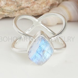 Raw Moonstone Ring, X Ring Handmade, Blue Fire Criss Cross Jewelry, Handmade Gemstone Ring, Christmas Gift