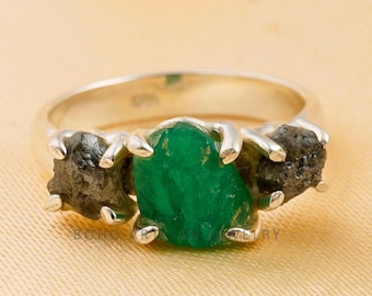 Raw Emerald Ring, Uncut Diamond Ring, Three Stone Ring, Handmade Jewelry, Zambian Emerald Rough, Healing Crystal Ring, Christmas Gift