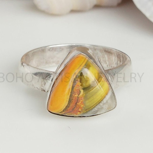 Bumble Bee Trillion Ring, Bumble Bee Jasper Ring, Healing Cabochon Ring, Handmade Jewelry, 925 Sterling Silver, Charm Ring, Gift For Women.