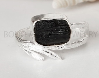 Raw Black Tourmaline Branch Ring, Wild Nature Jewelry, Black Tourmaline Silver Ring,  Black Tourmaline Jewelry, October Birthstone, Gifts