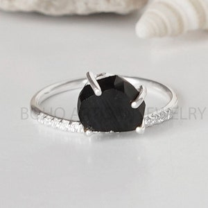 Raw Black Tourmaline CZ Ring, Evil Eye Tourmaline Ring, Thin Dainty Band, Stacking Ring, Natural Black Tourmaline, October Birthstone, Gift
