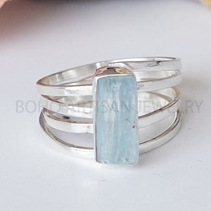 Raw Aquamarine SPIRAL Ring, Long Bar Stick Ring, Aquamarine Pencil Bar Ring, March Birthstone Jewelry, Handmade Ring, Unique Gift Ring