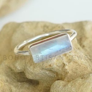 Raw Moonstone Bar Ring: Sterling Silver Dainty Stackable Jewelry