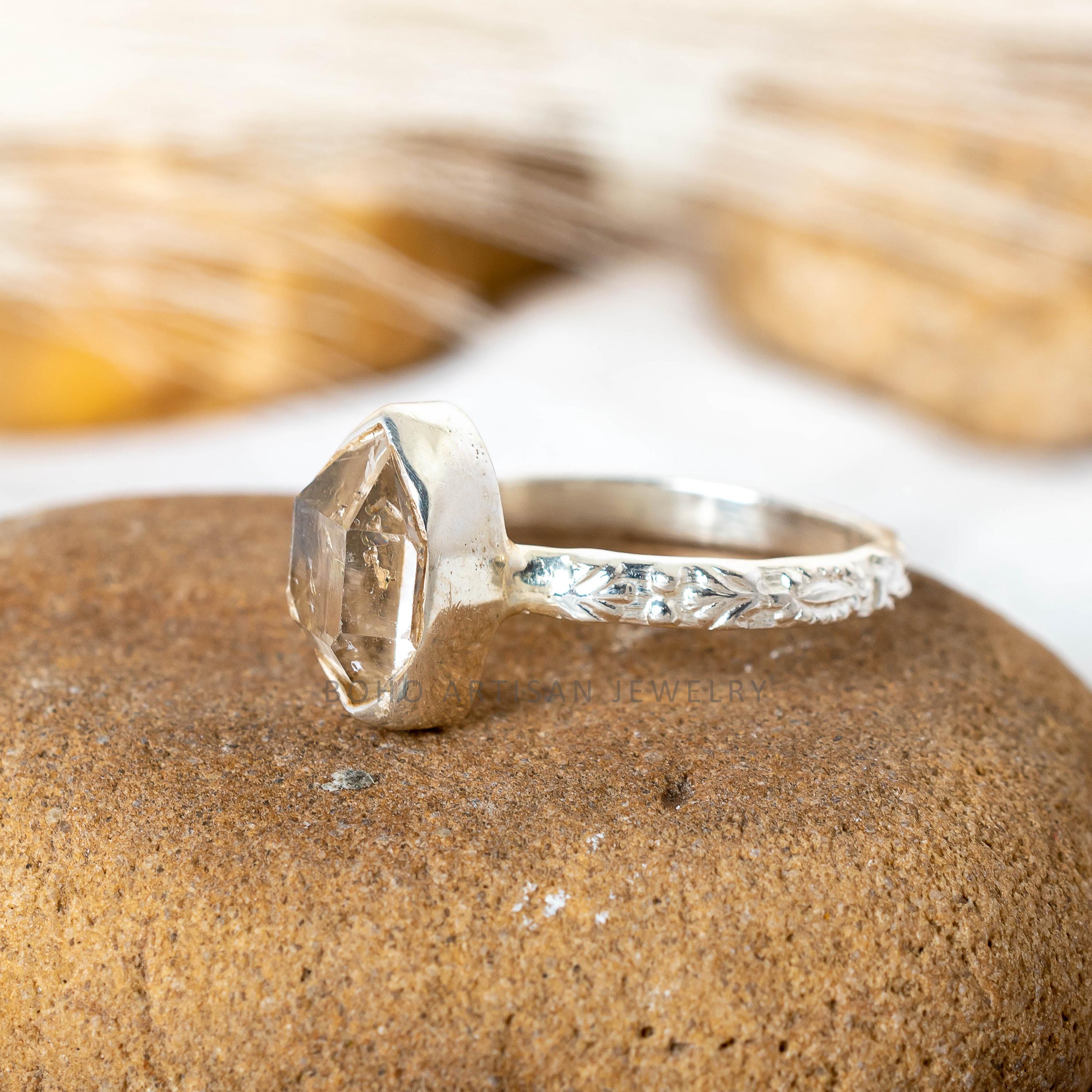 Herkimer Diamond Ring: Sterling Silver Floral Band, Raw Crystal 