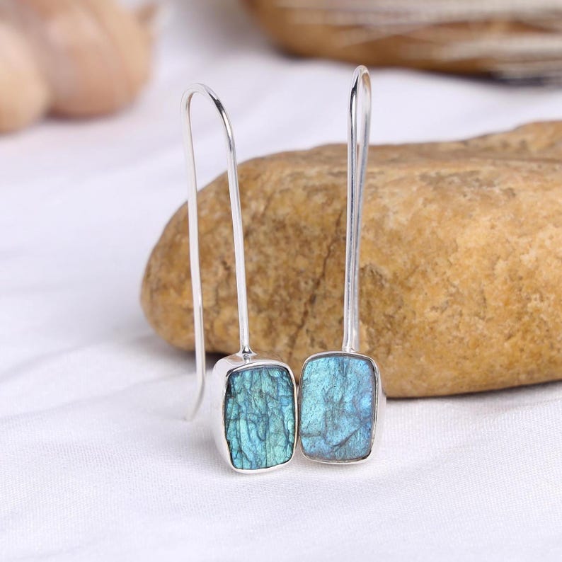 Raw Aquamarine Gold Earring, 14K Gold Earring, Dangle Earring, Blue Gemstone Earring, Raw Stone Jewelry, July Birthstone, Christmas Gift Labradorite