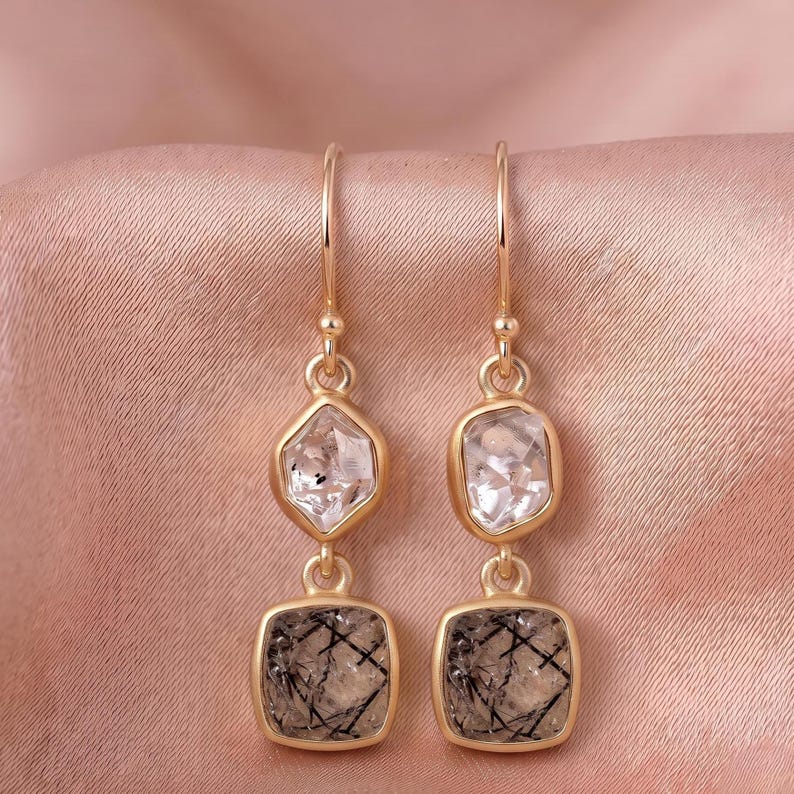 Raw Gemstone Dangle Earrings, 14K Gold Plated Earrings, Multi Rough ...