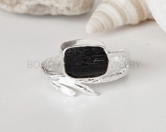Raw Black Tourmaline Ring: Sterling Silver Branch Band, October Birthstone