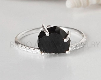 Raw Black Tourmaline CZ Ring, Evil Eye Tourmaline Ring, Thin Dainty Band, Stacking Ring, Natural Black Tourmaline, October Birthstone, Gift