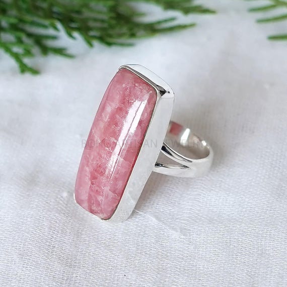 Rhodochrosite Bar Ring, Rhodochrosite Cabochon Ring, Silver Handmade Jewelry, Boho Ring, Birthstone Ring, Pink Gemstone Ring, Christmas Gift