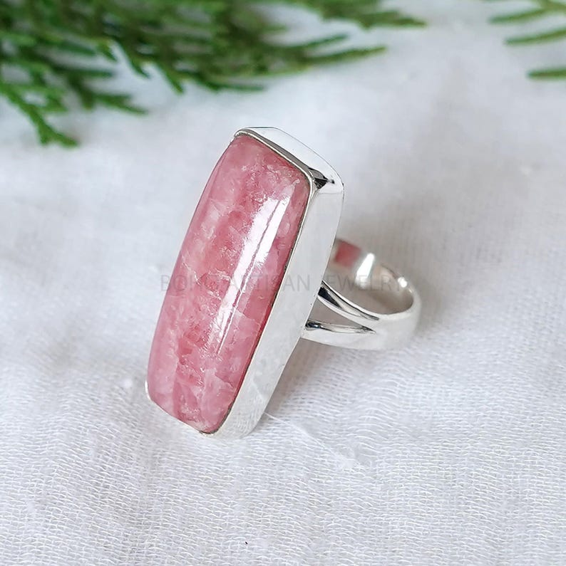 Rhodochrosite Bar Ring, Rhodochrosite Cabochon Ring, Silver Handmade Jewelry, Boho Ring, Birthstone Ring, Pink Gemstone Ring, Christmas Gift image 1