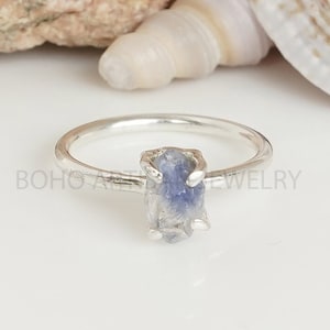 Raw Moonstone Crystal Ring, Silver Handmade Ring, Boho Ring, Blue Fire Moonstone, Rough Stone Jewelry, July Birthstone, Christmas Gift Dumortierite