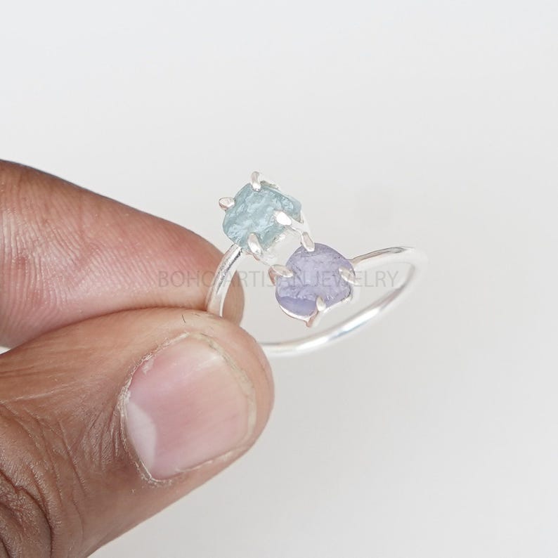 Raw Aquamarine Tanzanite Ring, Two Stone Ring, Adjustable Ring, Natural Aquamarine Ring, March Birthstone, Raw Crystal Ring, Gift for Her bild 4
