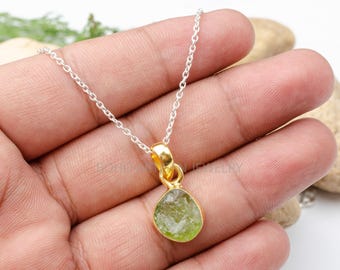 Raw Peridot Pendant: 14k Gold Plated Sterling Silver Necklace