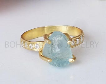 14K Gold Platted Aquamarine CZ Ring , Gold Platted Aquamarine Ring, 14K Gold Ring,, Aquamarine Ring, March Birthstone, Crystal Ring, Gift