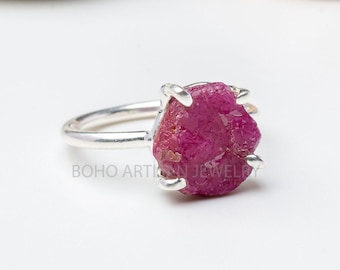 Raw Ruby Hexagon Ring: Sterling Silver Boho Crystal Jewelry