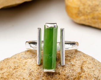 Raw Jade Sterling Silver Bar Ring: Stackable Boho Jewelry