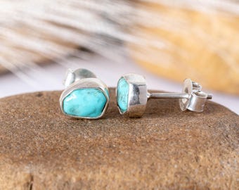 Raw Turquoise Earring, Silver Handmade Earring, Stud Earring, tiny turquoise Crystals, Raw Stone Jewelry, December Birthstone, Gift For Her