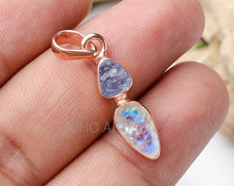 Colgante de tanzanita y piedra lunar en bruto: joyería bohemia de plata de ley con baño de oro rosa