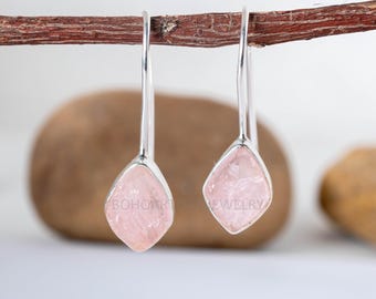Raw Rose Quartz Earring, Dangle Earring, Silver Handmade Jewelry, Rough stone, 925 Sterling Silver, Pink Gemstone Earrings, Gift For Her