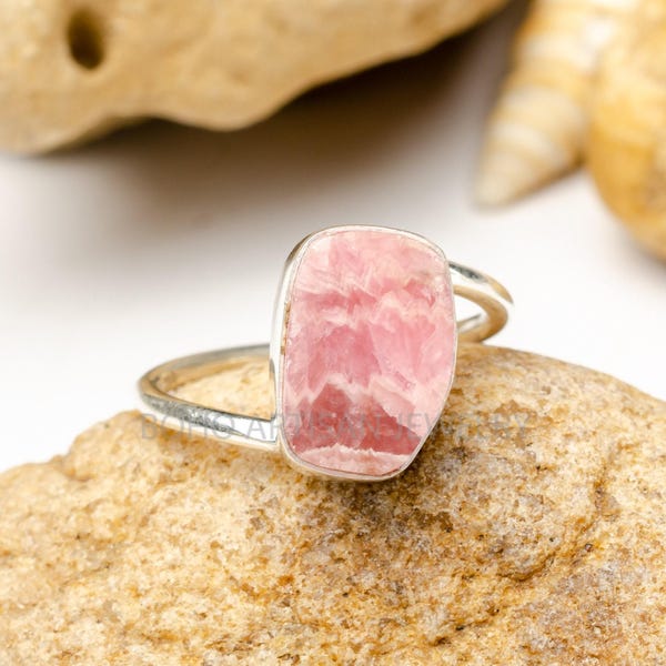 Polished Rhodochrosite Ring: Twisted Sterling Silver Band, Boho Jewelry