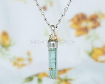 Raw Aquamarine Pendant: Sterling Silver Stick, March Birthstone Jewelry