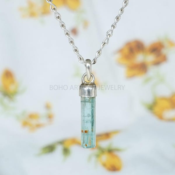 Roher Aquamarin Anhänger: Sterling Silber Stick, März Geburtsstein Schmuck