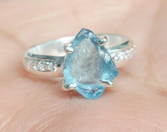 Raw Aquamarine Ring: Sterling Silver & CZ Accent Band