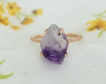 Raw Amethyst Ring, 14K Rose Gold Plated Ring, Bi Color Amethyst Ring, Handmade Ring, Boho Ring, February Birthstone, Gift For Girls