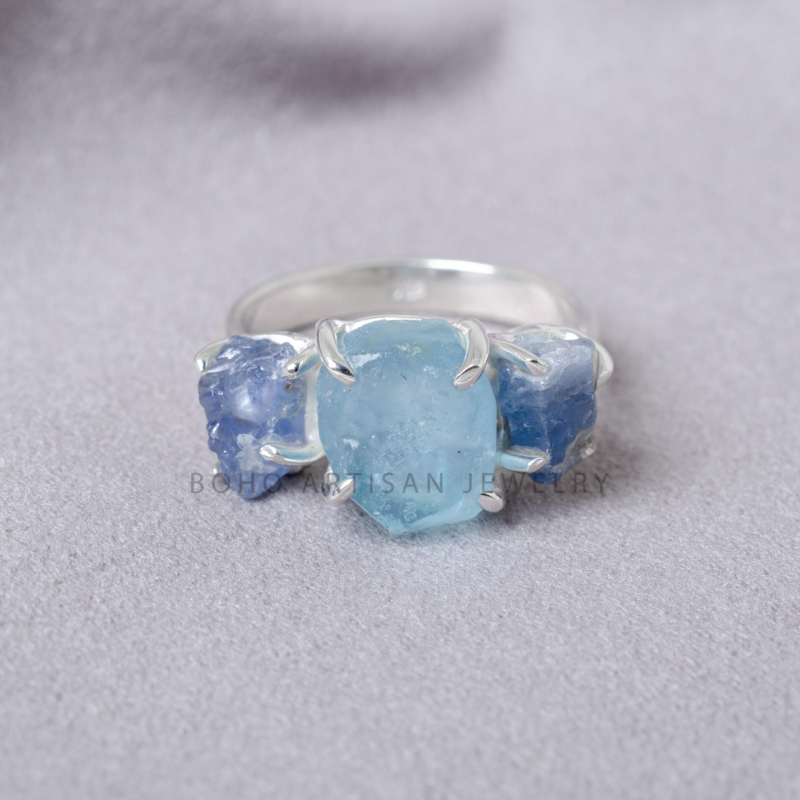 Raw Aquamarine Sapphire Ring: Sterling Silver Three Stone Boho Jewelry